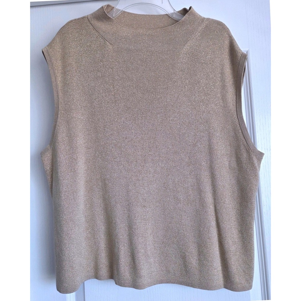 Coldwater Creek Gold Metallic Silk Blend Mock Neck Sleeveless Knit Sweater Sz 2X